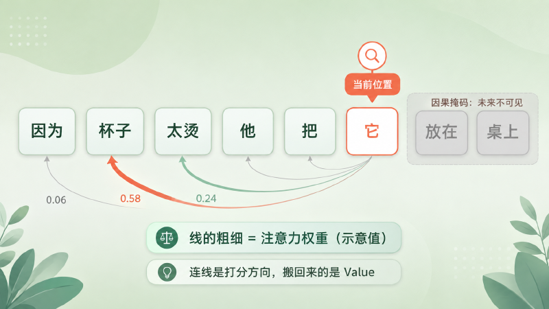 句子中的「它」向左侧每个词发出粗细不同的注意力连线,指向「杯子」的那根最粗,右侧的词被掩码灰掉