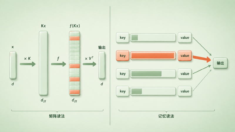 key-value memory 视角下的 FFN:K 的每一行是一个模式检测器,激活值是系数,V 的每一行是要写回残差流的方向