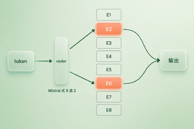 一个 token 进入 Mixtral 式 MoE 层:一个很窄的 router 后面竖排着八个同大的专家框,只有第 2 和第 6 个被点亮,只有两条箭头从 router 发出