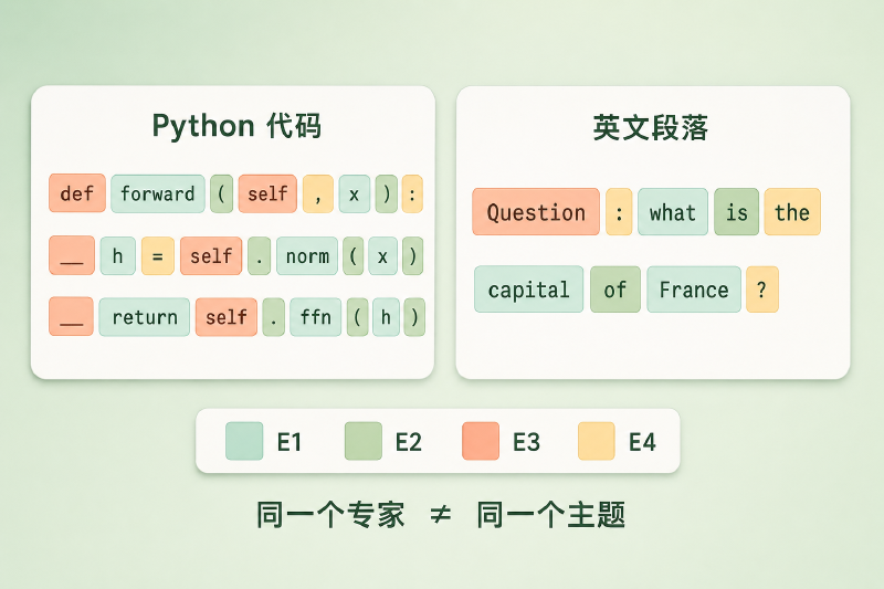 一段 Python 代码和一段英文,token 按被分到的专家着色
