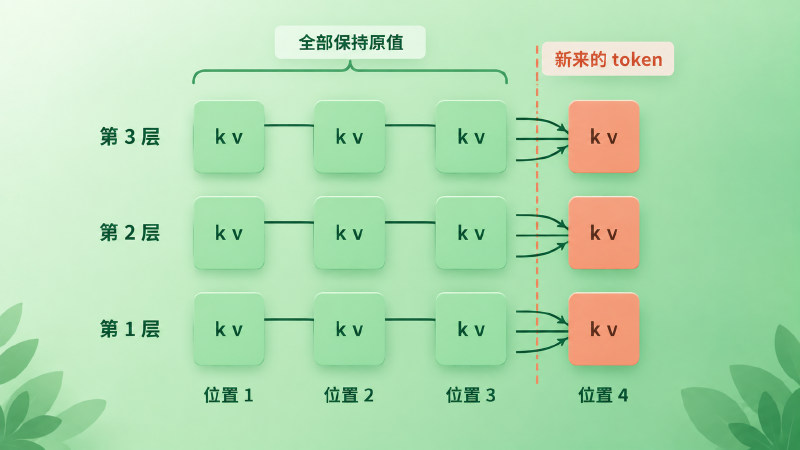 追加一个 token,前面每一层的 K/V 都不动