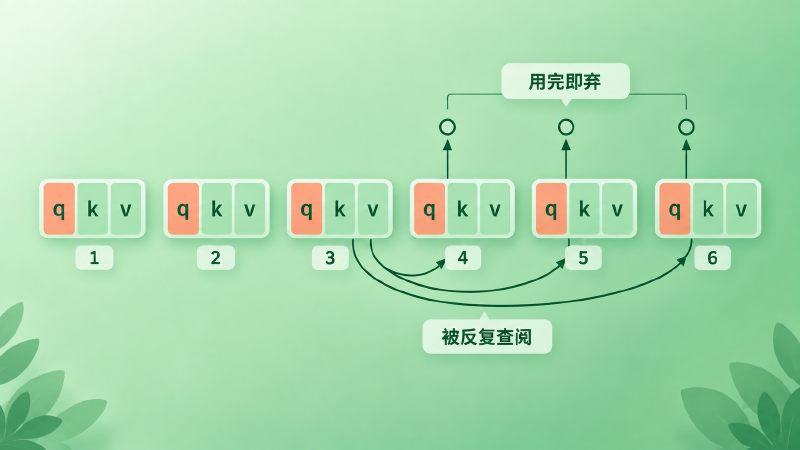 Q 用完即弃,K/V 被反复查阅
