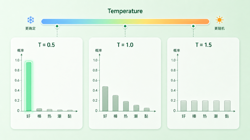 同一组 logits 在不同 temperature 下的概率分布对比
