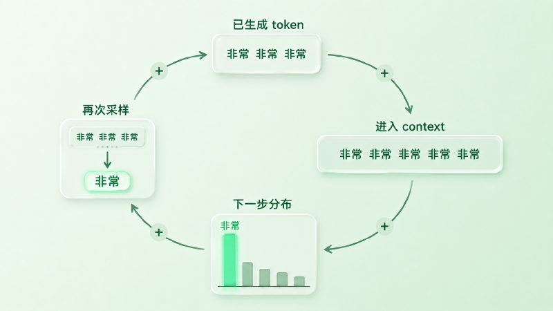 自反馈环示意:已生成 token 进入 context,抬高自身在下一步的概率