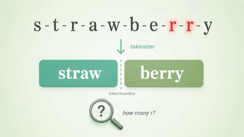 strawberry 被切成少数 subword,三个 r 藏在 token 内部不作为独立单位出现