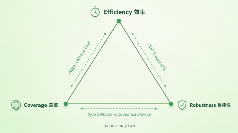 Tokenizer 设计的不可能三角:效率、覆盖、鲁棒性三选二