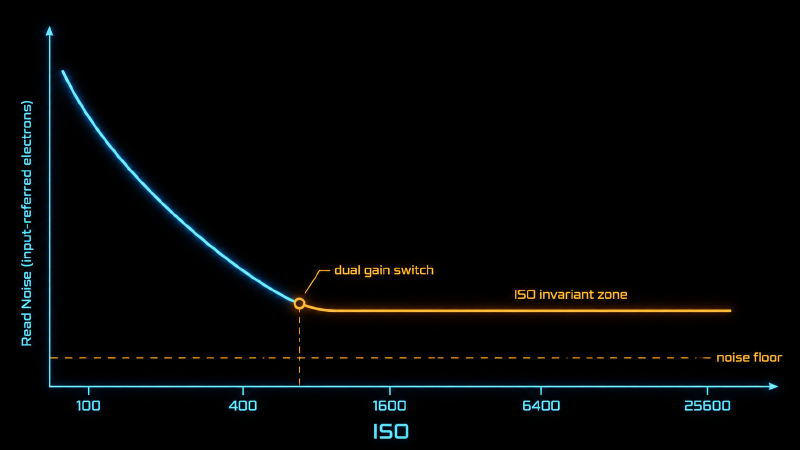 典型现代机型 read noise 随 ISO 变化:抬 ISO 早期 read noise 被压低,过了 dual gain 切换点之后趋于平坦