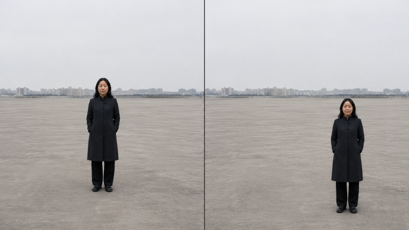 两幅对照:同一场景同一光,主体分别位于画面中央附近与压在右下角,其余完全不变